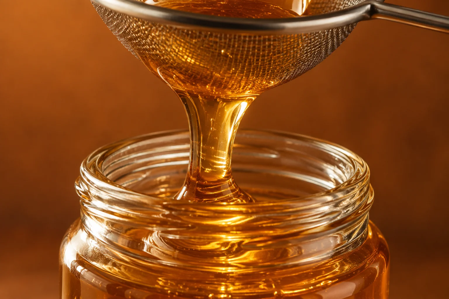 Close-up of thick amber honey passing through a metal strainer into a glass jar